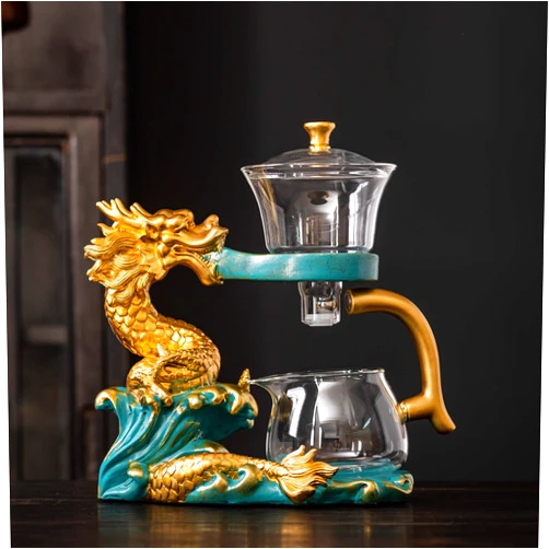 Zurucily Glass Teapot with Infuser Semi Automatic Tea Set Kungfu Teapot (Golden green dragon)