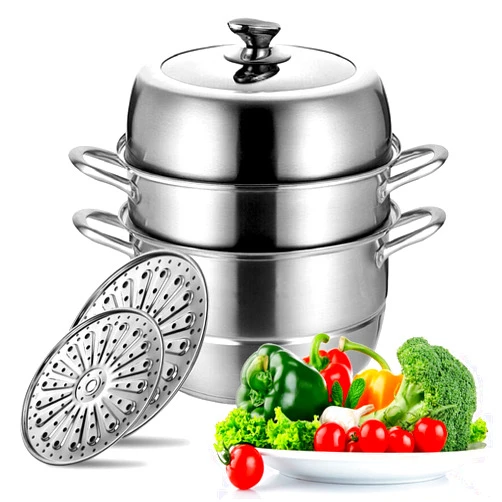 LTWQLing Stainless Steel Steamer Pot Thick-bottomed, 3 Tier Food Steamer for Cooking, Large Metal Steam Cooker, Work for Induction and Stove, Suitable for Tamale, Vegetable, Dumpling and Seafood