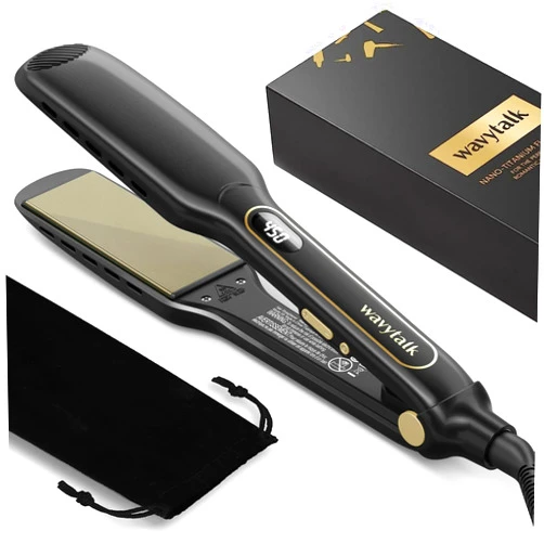 Wavytalk Hair Straightener, Wet to Straight Flat Iron, Titanium Flat Iron 1.7 Inch Wide Flat Iron for Hair, Professional Straightener with Dual Voltage 50% More Protection, Black