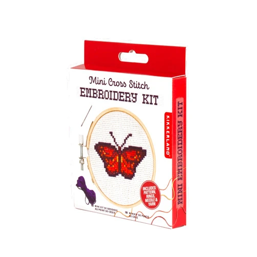 Kikkerland DIY Mini Cross Stitch Butterfly Embroidery Craft Starter Kit Set, with Pattern Instructions, 3