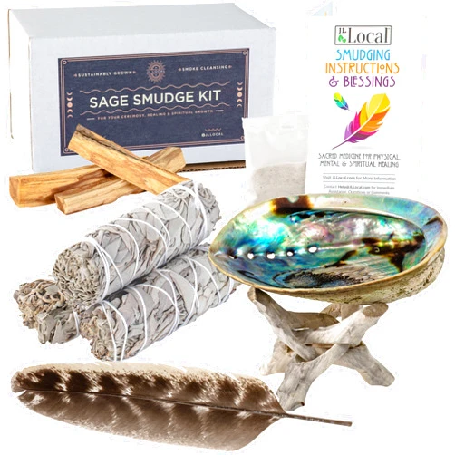 JL Local White Sage & Palo Santo Smudge Kit | Smudging Kit with Sage Smudge Sticks ~ Palo Santo ~ White Sand ~ Abalone Shell ~ Stand ~ Smudging Feather | Salvia Blanca para Limpiar Sustainably Sourced