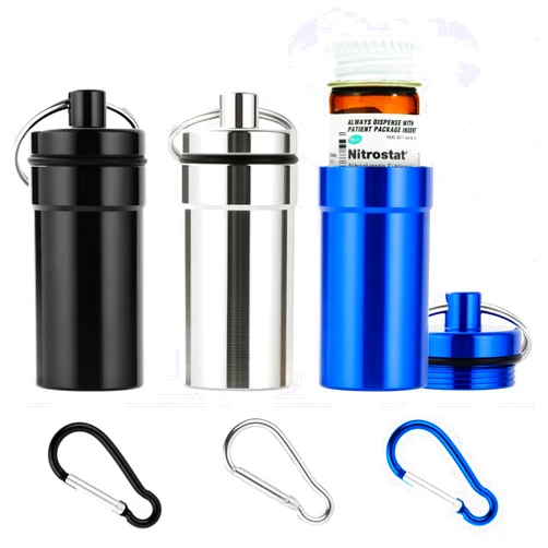 Zingso Keychain Pill Holder for Nitroglycerin, 3 Pack Mini Waterproof Portable Travel Purse Pocket Pill Case, Keychain Fob Container for 25ct Nitro/Nitroglycerin Bottle (3pcs-Black + Blue + Silver)