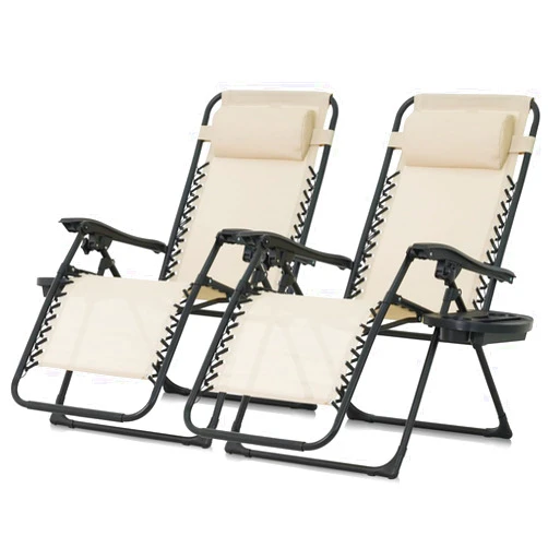 CAPHAUS Set of 2 Beige Zero Gravity Chair, Zero Gravity Recliner, Zero Gravity Lounge Chair, Anti-Gravity Chair for Indoor & Outdoor, Folding Reclining Chair w/Side Tray, Adjustable Pillow, Beige