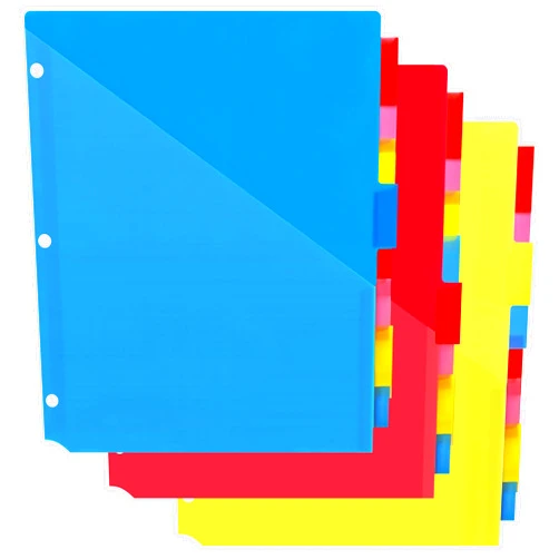 MAKHISTORY Plastic 8-Tab Dividers with Two Pockets - 3 Sets, Pocket Dividers for 3-ring Binders, Multi-color Binder Dividers, Total 24 Tabs