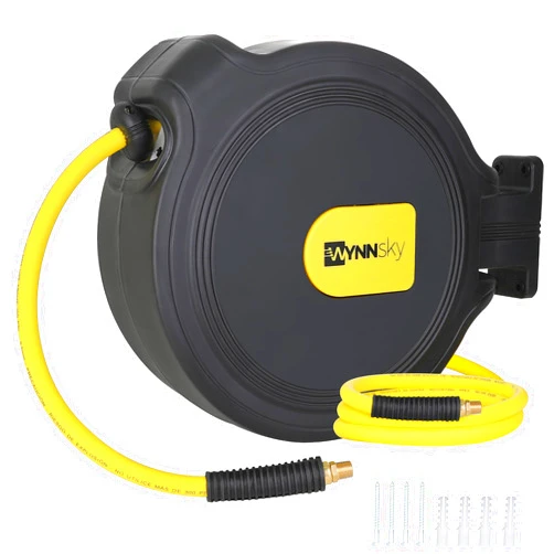 WYNNsky Automatic Retractable Enclosed Air Compressor Hose Reel with 3/8 inch x 50 ft Hybrid Air Hose for Workshop Garage, 180° Swivel Bracket, 300PSI