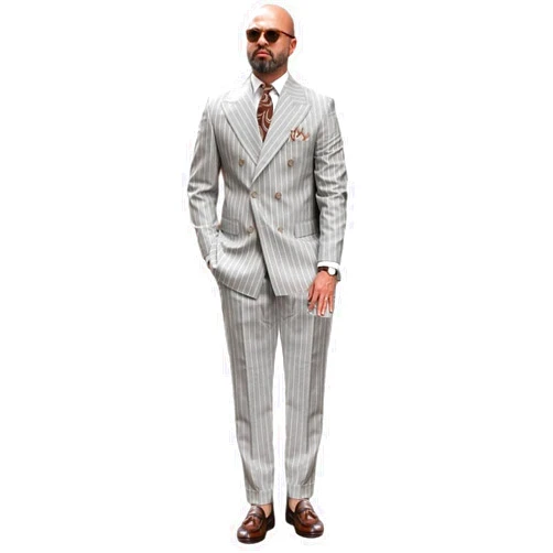 Ulnomio Men's Stripe Double Breasted Buttons Suit Peak Lapel 2 Pieces Business Dinner Tuxedo