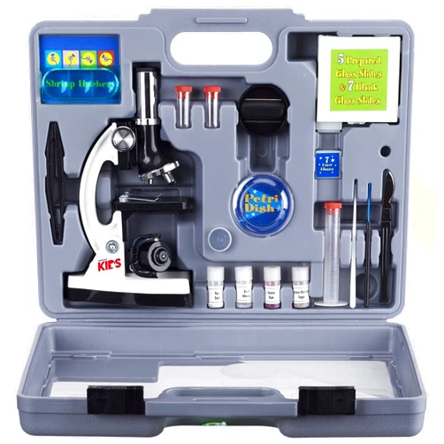 AmScope 120X-1200X 52-pcs Beginner Microscope STEM Kit with Metal Body Microscope, Plastic Slides, LED Light and Carrying Box (M30-ABS-KT2-W),White
