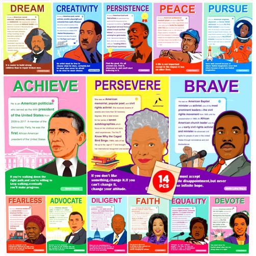 Wiooffen 14Pcs Black History Month Posters Classroom Decoration African American Inspirational Art Posters for Middle School High School Classroom Library Office History Classroom Decor Homeschool