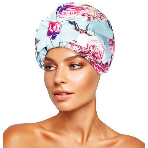 INNELO Luxury Shower Cap for Women Reusable Waterproof, Double Layered Shower Hair Cap with Adjustable Elastic Strap, Large Satin Lined Shower Bath Cap for Long Curly Straight Hair, Green-Flower