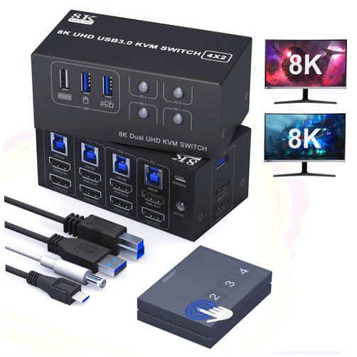 Cbcuyle 8K HDMI KVM Switch 2 Monitors 4 Computers Dual Monitor Support 8K@60Hz 4K@120Hz KVM Switcher PC Extended Display for 4 Port Share 4 USB Ports - 8K HDMI Monitor Switch for 4 PCs