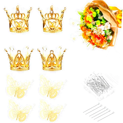 Humyeam Crown for Flower Bouquet - 140 PCS Floral Accessories for Bouquets, 4 Pcs Mini Gold Crown 36 Pcs 3D Gold Butterfly Stickers and 100 Pcs Diamond Pins for Cake Toppers