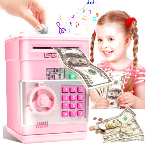 civan ATM Piggy Bank for Kids, Electronic Money Saving Box with Password, Safe Cash Coin Saving Bank Toys for Ages 8-13 3-8 Kids Girls Boys Birthday (Pink)