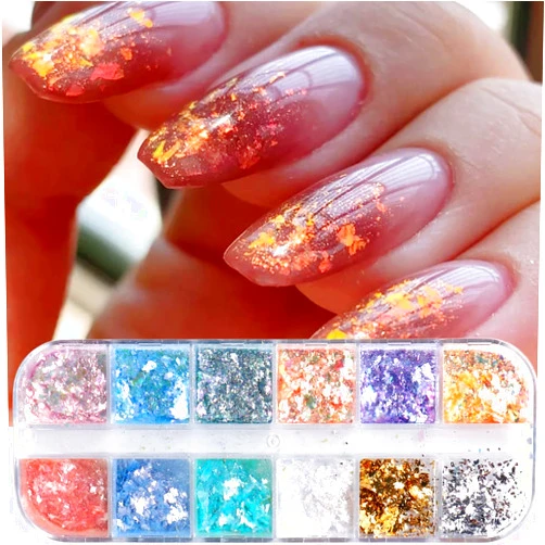 Furimuk 12 Grids Opal Chunky Glitter Powder Mixed Fire Flakes Mermaid Iridescent Holographic Nail Sequins Flakes Pearl Shell Shimmer Glimmer for Nail Art Christmas
