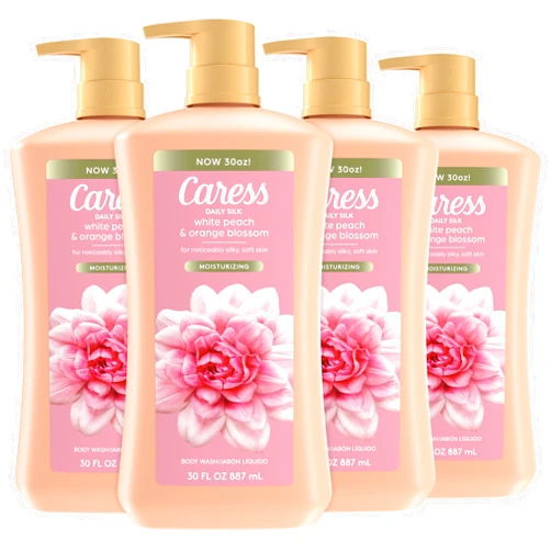 Caress Body Wash for Women with Pump, Daily Silk White Peach & Orange Blossom, Shower Gel Body Wash Moisturizing for Noticeably Silky, Soft Skin, 30 fl oz, 4 Pack