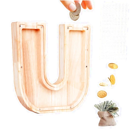 LIHMHSA Wooden Large Piggy Bank, Personalized Letters Coin Bank Kids 9.1in Money Bank, Text Engraved Money Box Wooden Piggy Bank Gift for Kids, Christmas Birthday Gift Home Decoration Ornaments (U)