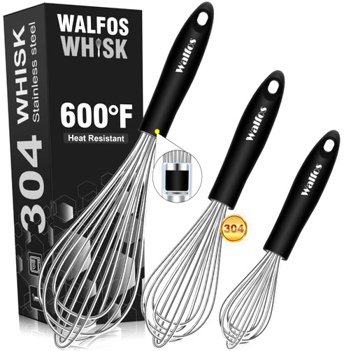 Walfos Stainless Steel Wire Whisk Set - 3 Packs Balloon Whisk, Thick Wire Wisk ＆ Strong Handles, Egg Frother for Cooking, Blending, Whisking, Beating and Stirring (8.5