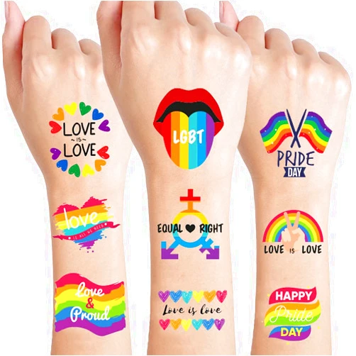HAOYAN 10 Sheets LGBT Pride Day Temporary Tattoo Sticker Rainbow Pattern Love Is Love Flash Waterproof Fashion Body Art Men Women Child