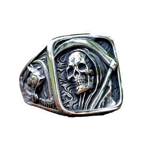 ZMY Home Gothic Skull Ring Stainless Steel Signet Ring for Men Reaper Ring with Hook Design Jewelry Gift