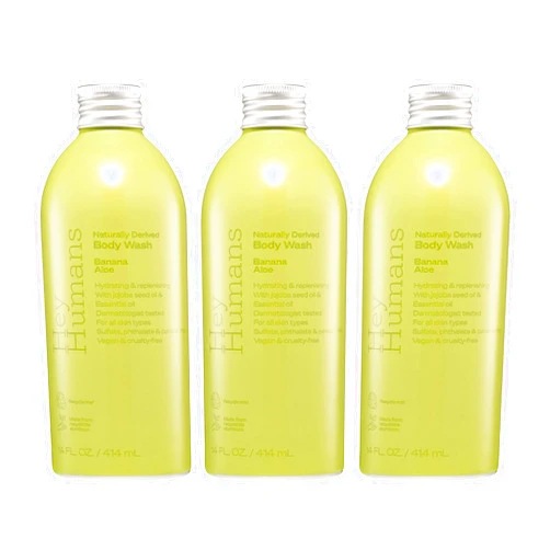 Hey Humans Banana Aloe Moisturizing Body Wash with Natural Ingredients & Jojoba Oil | Clean, Vegan, Sulfate Free Bath & Body Wash for Women & Men | Recyclable Bottle, 14 fl. oz. - Pack of 3