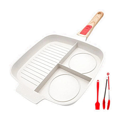 Bobikuke 3 in 1 Grill Pan for Stove Tops with Detachable Handle, Nonstick Versatile Griddle Divided Pan, Square Skillet PFOA Free, White