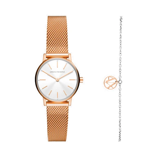 A｜X ARMANI EXCHANGE Women's Rose Gold-Tone Stainless Steel Mesh Watch and Bracelet Gift Set (Model: AX7121)