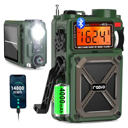 Greadio Portable Shortwave Radios with NOAA Weather Radio, 14800mWh Digital Radio AM FM with Bluetooth 5.4, Crank/Solar/USB Charging, Support USB/TF, Charger Pack/SOS/Flashlight for Outdoor, Emergency