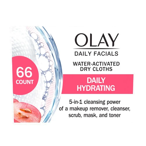 Olay Daily Facials, Daily Clean Makeup Removing Facial Cleansing Wipes, 5-in-1 Water Activated Cloths, Exfoliates, Tones and Hydrates Skin, 66 count