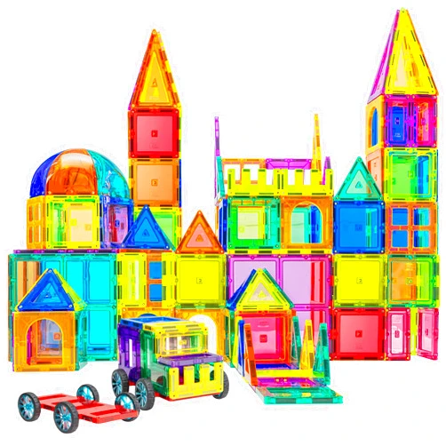 PLAYVIBE Magnetic Tiles 100 Pcs - 3D Magnet Tiles Building Blocks for STEM Learning, Montessori Toys Boy and Girl, Magnetic Blocks - Learning Toddler Toys, Playing Magtiles for Classroom, Home