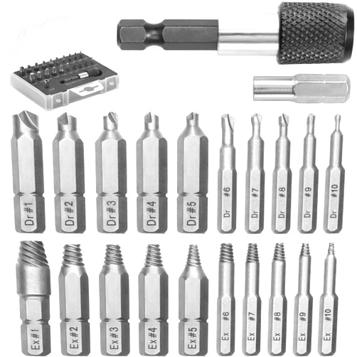 Mata1 Screw Extractor Set for Stripped, Broken, Damaged Screws - 22 pc, Silver - Remover Kit w/Drill Bits, Extractors, Bit Extension & Socket Adapter