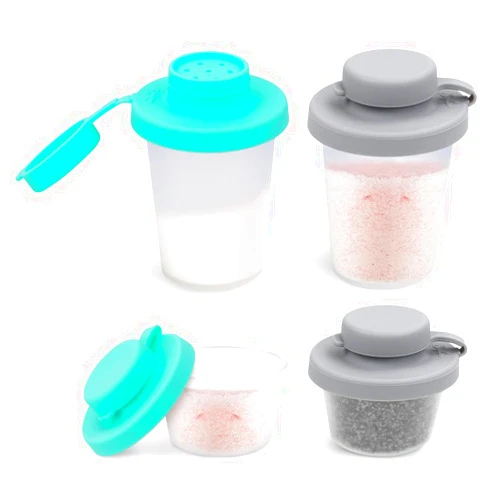 Sophico Small Salt and Pepper Shakers Set with Moisture Proof Sinlicone Lids, 4.5oz Mini Spice Shaker to go for Camping Travel Picnic Lunch Boxes (Mint & Grey, Small & Medium)
