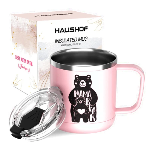 HAUSHOF Mom Mug with Lid, 14 oz Insulated Coffee Mug with Handle for Best Mom, Birthday Mother's Day Gifts for Worlds Best Mom, Pink Mom Bear