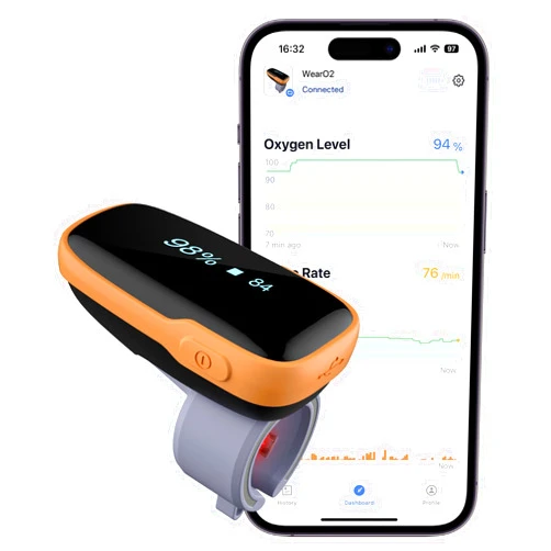Vibeat WearO2 Pulse Oximeter Bluetooth - Oxygen Meter for Continuous Blood Oxygen and Heart Rate Tracking, Wearable Finger Oxygen Monitor with Reminder & Free APP, FSA/HSA Eligible
