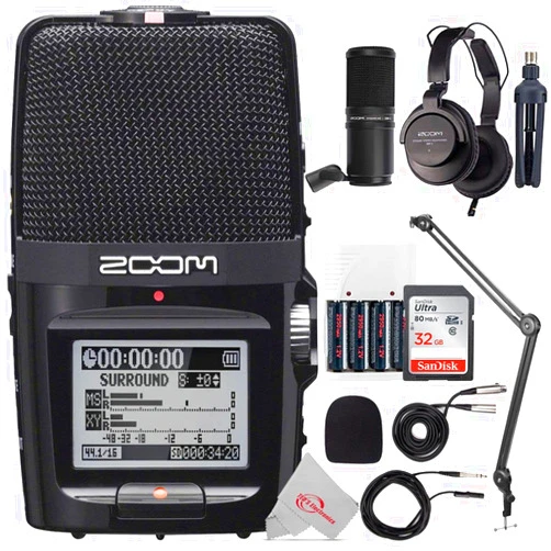 Teds Electronics Zoom H2n ext 2-Input / 4 Track Handy Digital Audio Stereo Recorder with 5 Built-In Mic Array + BY-BA20 Aluminum Alloy Desk Holder Microphone Stand Bracket + Accessory Kit