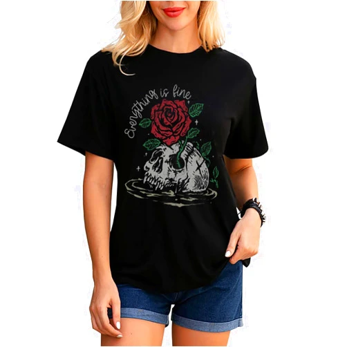 Ykfim Skull Shirt for Women Vintage Skeleton Graphic Tees Goth Punk Rock T Shirts Novelty Horror Halloween Tee Tops