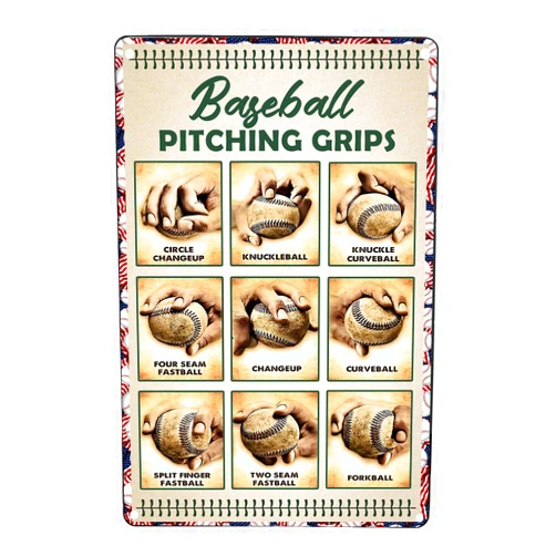 JIUFOTK Baseball Pitching Grips Retro Metal Sign Tin Sign Retro Art Print Poster Decoration Bar Cafe Club Wall Plaque 12x17 Inches