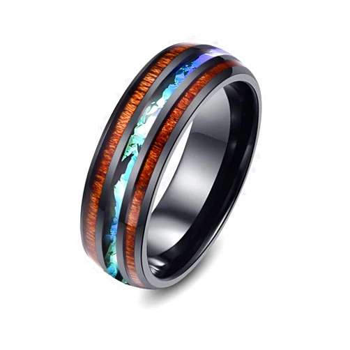 Tanyoyo 8mm Hawaiian Koa Wood and Abalone Shell Stainless Steel Rings Wedding Bands for Men Comfort Fit
