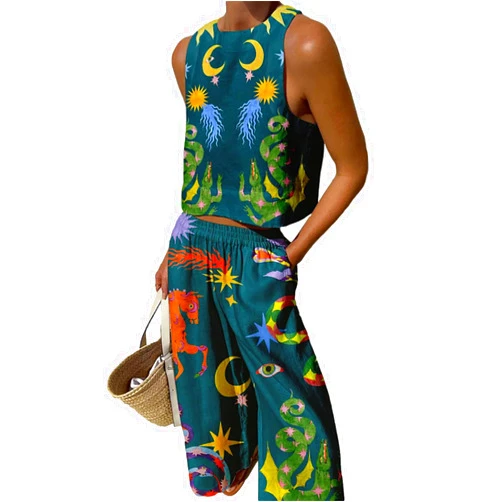 Peaceglad Womens 2 Piece Sets Printed Vest and Long Pants Casual Sleveless Outfits