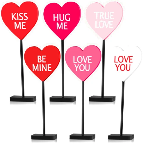 Yuntau 6 Pcs Valentine's Day Heart Wood Sign Stable Tall Standing Heart Block Set Reusable Romantic Valentine Dinner Table Centerpiece Decorative Signs for Living Room Wedding Anniversary Decor