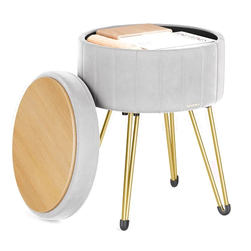 SONGMICS Vanity Stool Chair, Small Ottoman Stool with Storage, Velvet Makeup Stool, 15.4 Dia. x 17.5 H Inches, 4 Metal Legs, for Makeup Room, Living Room, Bedroom, Dove Gray ULOM003G02