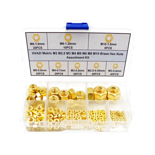 HVAZI 195PCS Metric M2 M2.5 M3 M4 M5 M6 M8 M10 Brass Hex Nuts Assortment Kit
