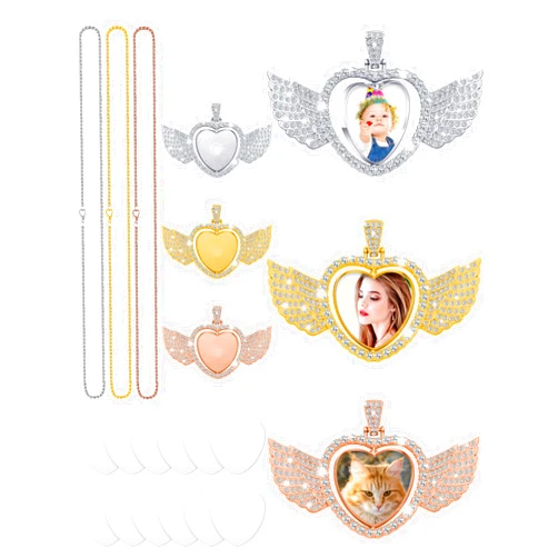 Junkin 24 Pcs Sublimation Rhinestone Trays Pendant Set, Including 6 Double Sided Blank Rhinestone Bezel Trays, 6 Pcs Thick Chains with 12 Sublimation Discs for Making