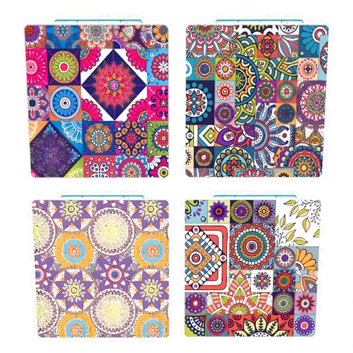 DOOSAI Mandala 4 Pcs Pocket Mirror Kits for Purse, Vintage Portable Small Travel Makeup Mirror with 1X/2X Magnifying, Square Foldable Vintage PU Leather Cosmetic Mirror for Women and Girls