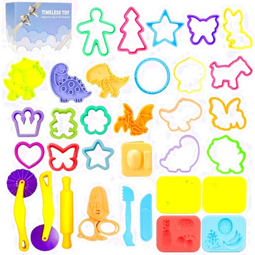 Jaeespon Dough Play Tools for Kids-Dough Accessories Molds Dinosaur Fruit Roller Cutter Scissor and Storage Box, Party Favors Set for Age 2-8