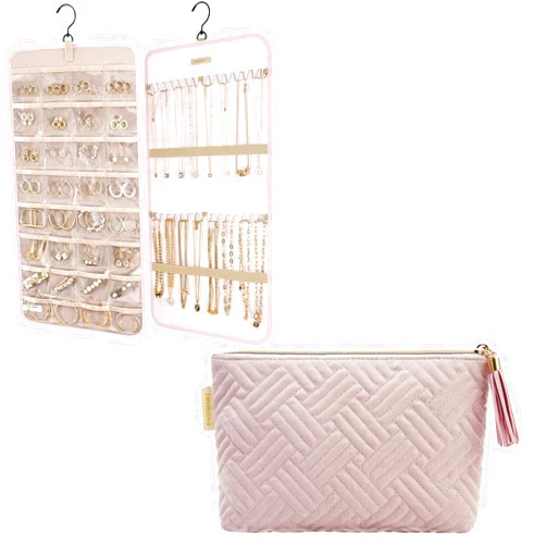 BAGSMART Hanging Jewelry Organizer with Small Cosmetic Bag Storage Roll with Hanger Metal Hooks Double-Sided Jewelry Holder Elegant Roomy Makeup Bags,Great Gifts for Women