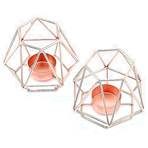 Corxin 2 Pcs Candle Holder, Metal Hexagon Hollow Tea Light Holder Set ,Elegant Tealight Holder for Living Room,Wedding, Anniversary,Party (Rose Gold)