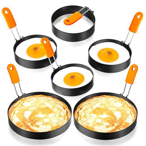 Patelai 6 Pcs Professional Egg Ring Pancake Ring Set Stainless Steel Fried Egg Ring Griddle Pancake Shapers with Orange Silicone Handle for Breakfast Omelette Sandwich (4, 6 Inch)