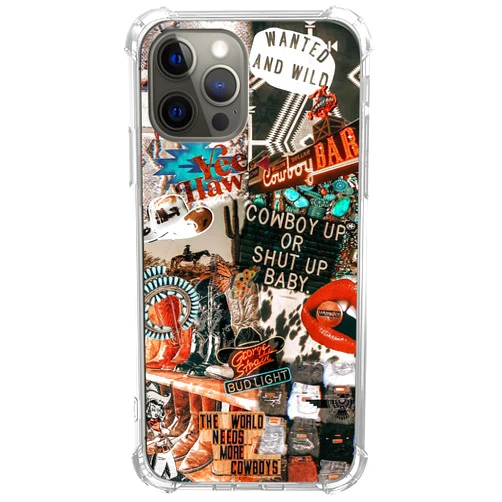 GialCenik Western Cowgirl Cowboy Collage Case for iPhone 14 Pro Max, Cowboy Cowgirl Howdy Western Ranch Boho Southwestern Retro Case for iPhone 14 Pro Max, Unique Trendy Design TPU Bumper Cover Case