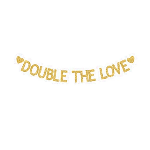 JTPartyTime Double The Love Banner, Twins Baby Shower/Twins Birthday/Engagement/Wedding Party Gold Gliter Paper Sign Decorations