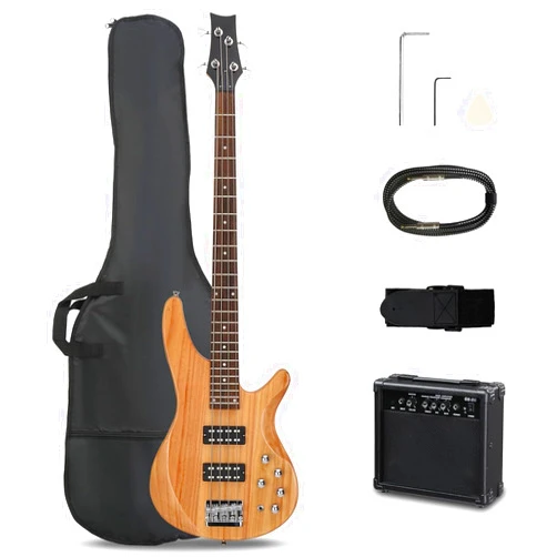 Ktaxon 4 String Electric Bass Guitar, Full Size Standard Right Handed Rosewood Fingerboard Beginner Kit with Cable Wrench Tool (Upgraded Natural With AMP)