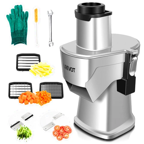 LEEVOT 4 in 1 Electric Vegetable Chopper, Compact Food Processor Multiblade Mandoline Slicer Cheese Grater 110V Commercial French Fry Cutter Veggie Shredder & Dicer w/Screwdriver, Cut-Resistant Glove